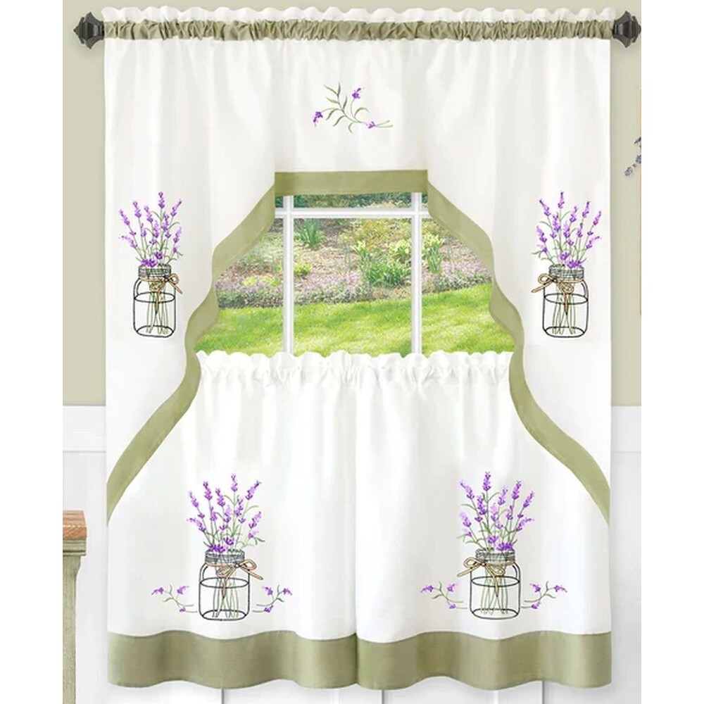 3pc. Embellished Curtains Set: 2 Tiers & Swag (58"x36") LAVENDER FLOWERS, Achim